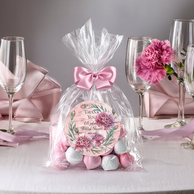 Adesivo Chuva de Noiva com Cravos Rosa Elegantes (Elegant Pink Carnations Bridal Shower Favor Classic Round Stickers - 2 Sizes)