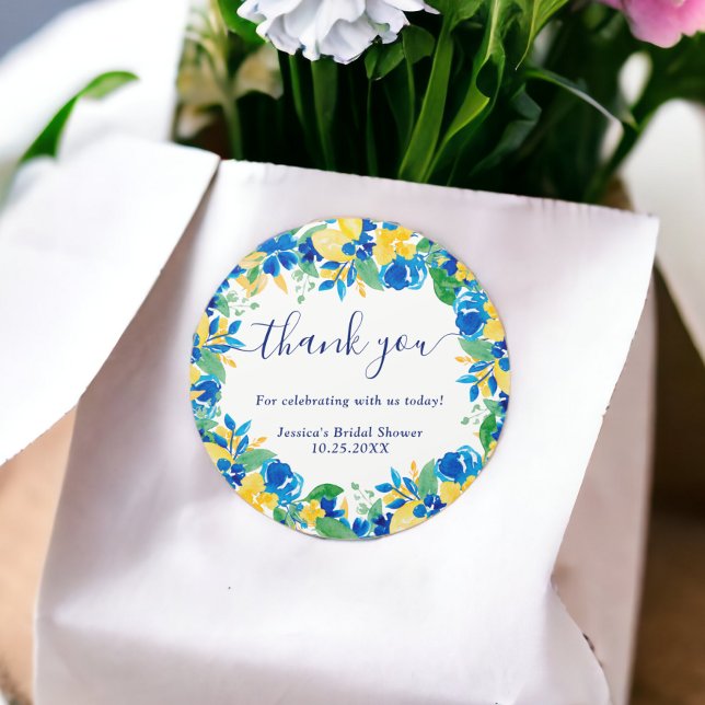 Adesivo Chuva de noiva em aquarela floral com limões amare (Blue yellow lemons floral watercolor bridal shower classic round sticker)