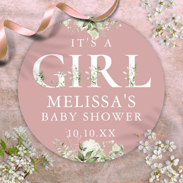 Adesivo Chuva de Pétalas Rosa Menina Bebê (Dusty Rose Pink Greenery Its A Girl Baby Shower Classic Round Sticker)