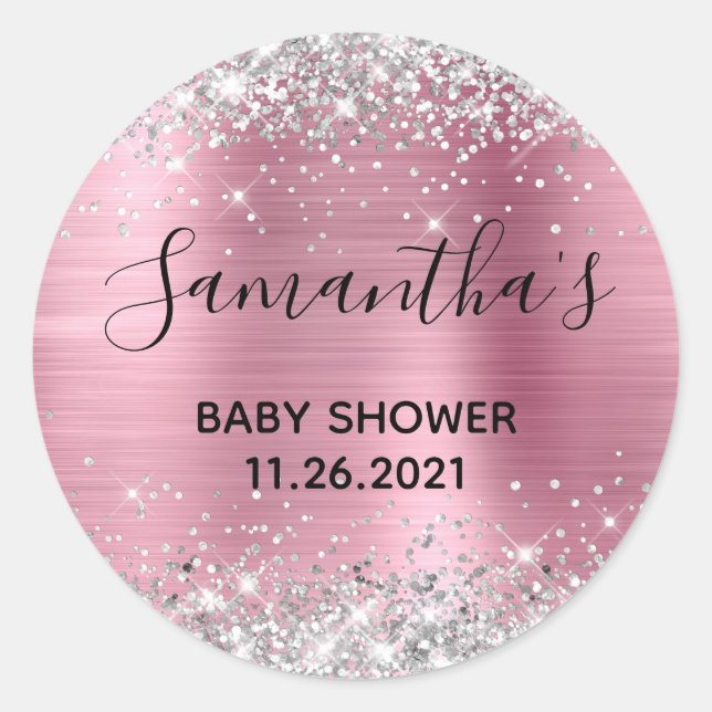 Adesivo Chuva de Prata Brilhante Rosa Baby Shower (Frente)