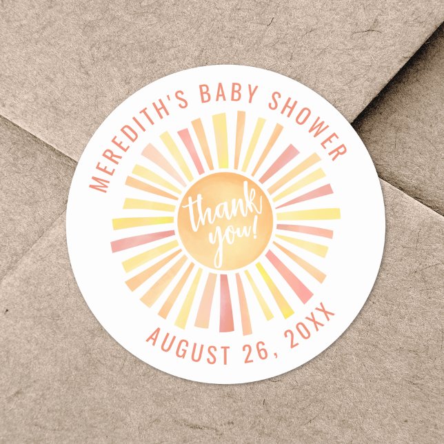 Adesivo Chuva de Sol - Obrigada pelo Chá de Bebê (Sunshine Baby Shower Thank You Classic Round Sticker)