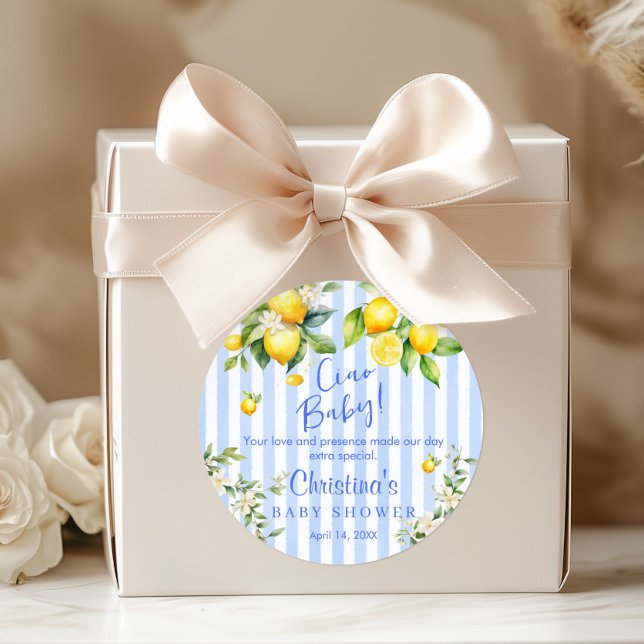 Adesivo Ciao Baby Blue Stripe Lemon Baby Shower Thank you  (Ciao Baby Blue Stripe Lemon Baby shower Thank you Stickers)
