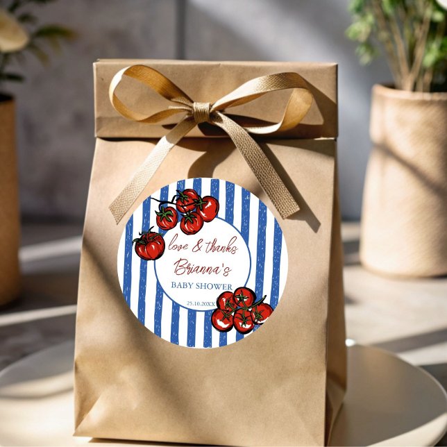 Adesivo Ciao baby tomato blue Italian baby shower favor (Ciao baby tomato blue stripes  Italian farmers market baby shower personalized favor  Stickers)