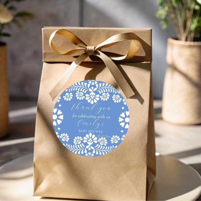 Adesivo Cielito lindo azul empoeirado chá de fraldas mexic (Cielito lindo dusty blue Mexican baby shower thank you favor Sticker template)