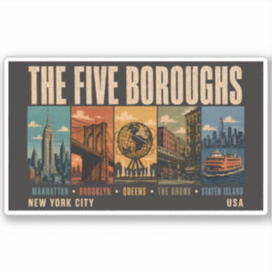 Adesivo Cinco Bairros Nova York NYC Ilustração Retro