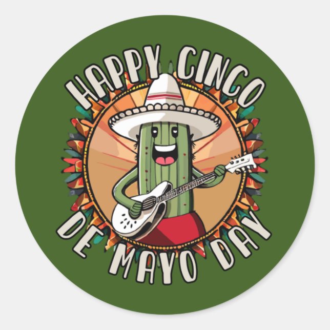 Adesivo Cinco De Mayo Engraçado Mexicano Cactus Tocando Vi (Frente)