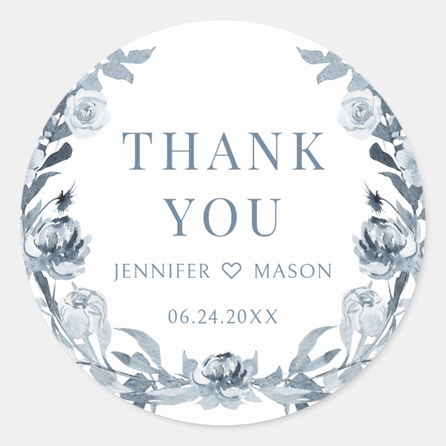 Adesivo Cinza azul Dusty floral boho obrigado de casamento (Frente)