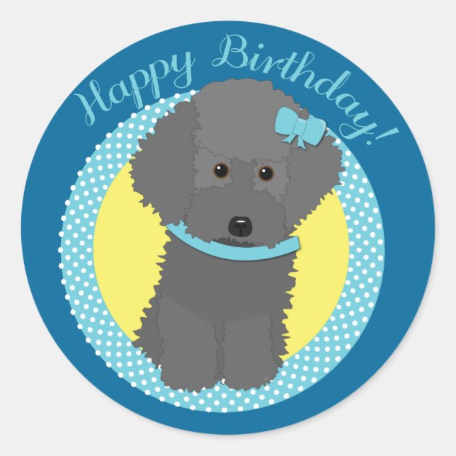Adesivo Cinza Poodle Happy Birthday Stickers (Frente)