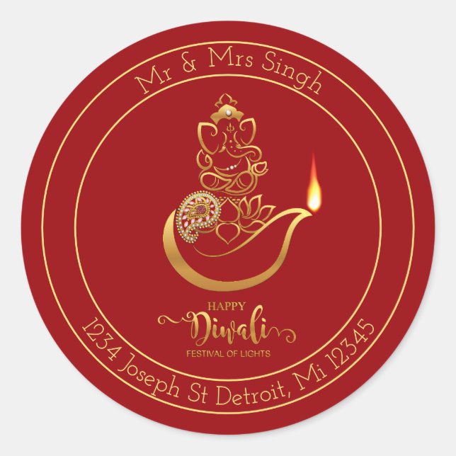 Adesivo Circular de Diwali com Ganesha e Acento Do (Frente)