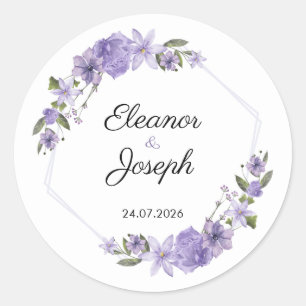Adesivo Circular Etiqueta Floral Roxo de Casamento