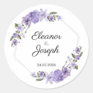 Adesivo Circular Etiqueta Floral Roxo de Casamento