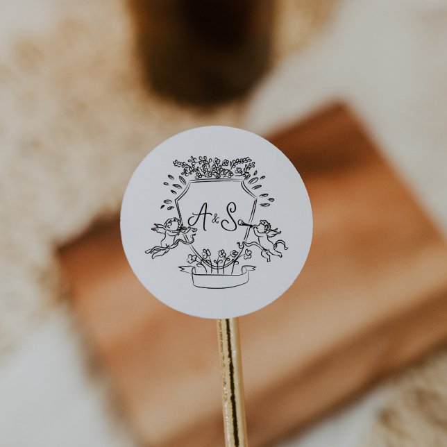 Adesivo Circulo Caseiro de Monograma Desenho Mão (hand drawn crest round sticker, envelope circle sticker label, wedding hand written monogram)