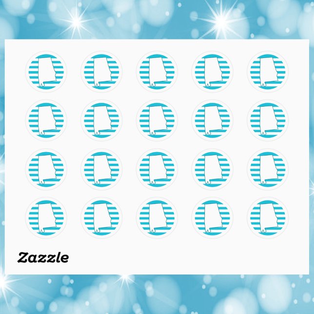 Adesivo Circulo de Contorno do Estado do Alabama, EUA (A sticker with the state outline of Alabama in front of a blue circle.)