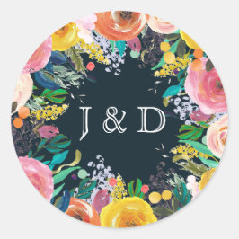Adesivo Círculo de Coroa Floral Pintada Iniciais Rótulo Pe