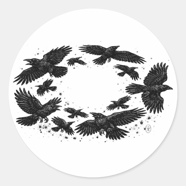 Adesivo Círculo de Corvos – Ilustração Assombrada a Tinta (Frente)