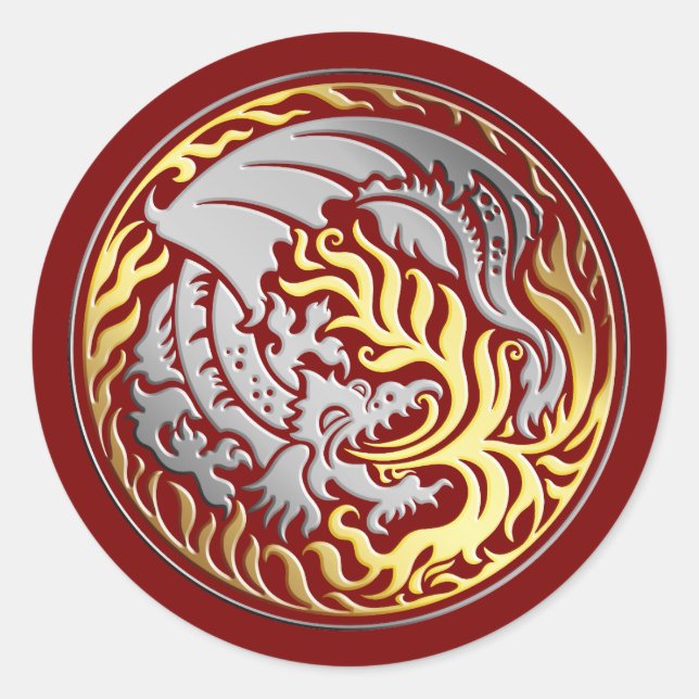 Adesivo Círculo Dragônico - Cromo com Dourado Fogo em Verm (Frente)