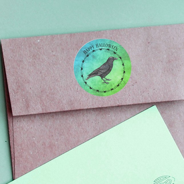 Adesivo Círculo negro com arame preto com arame vermelho a (Black crow in circle of black barbed wire on shades of green and blue on Halloween stickers.)