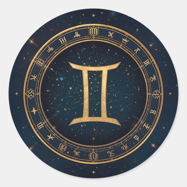 Adesivo Círculo Zodiacal Gêmeos Dourados Com Noite Estrela (Frente)