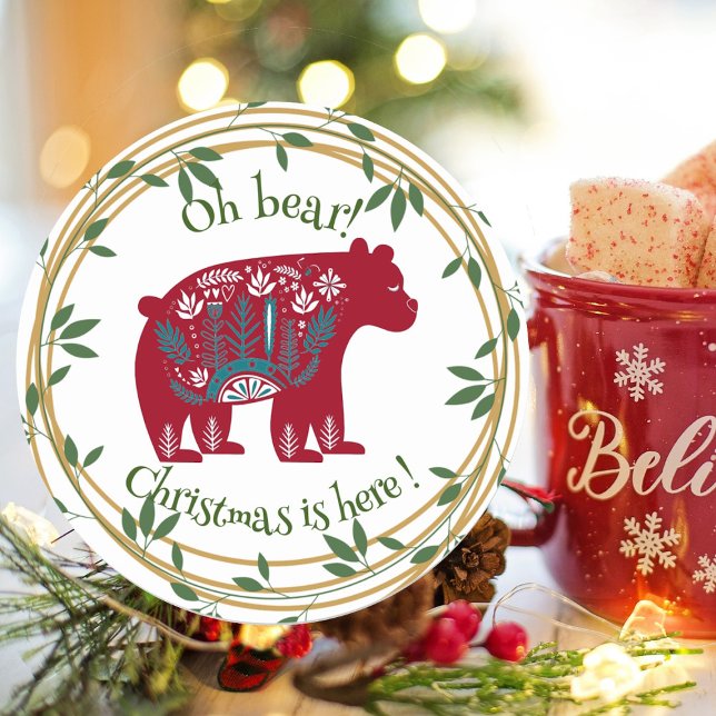 Adesivo Citação de Natal do Red Bear Verde Nórdico (Nordic Red Bear Green Wreath Christmas Quote Classic Round Sticker)