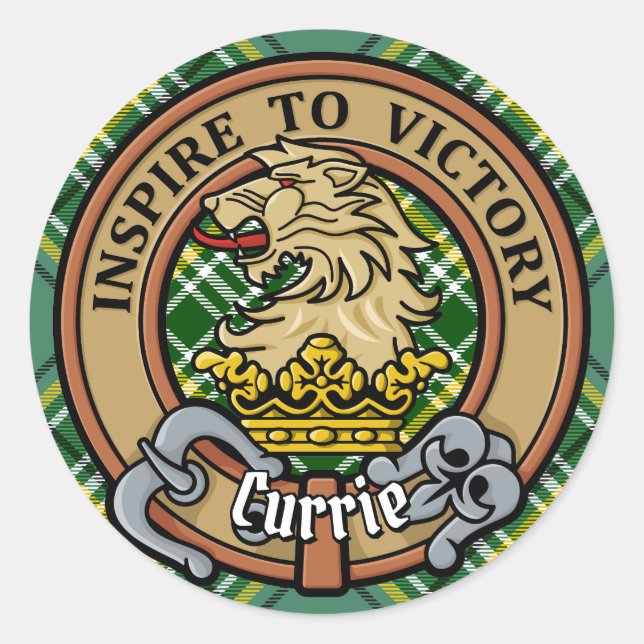 Adesivo Clan Currie Lion Crest sobre Tartan (Frente)