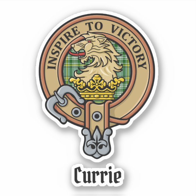 Adesivo Clan Currie Lion Crest sobre Tartan (Frente)