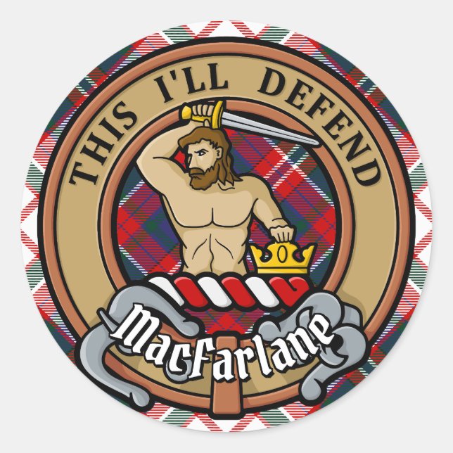 Adesivo Clan MacFarlane Crest sobre o vestido Tartan (Frente)