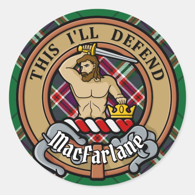 Adesivo Clan MacFarlane Crest sobre Tartan de caça moderna (Frente)