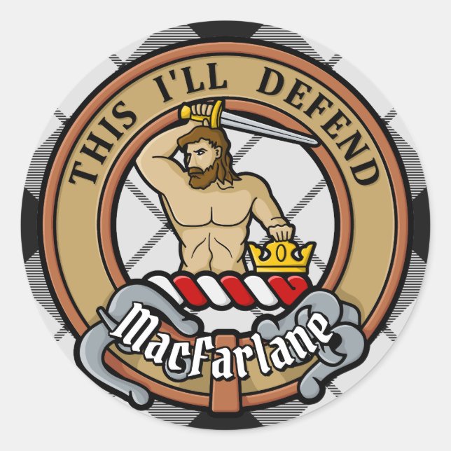 Adesivo Clan MacFarlane Crest sobre Tartan Preto e Branco (Frente)