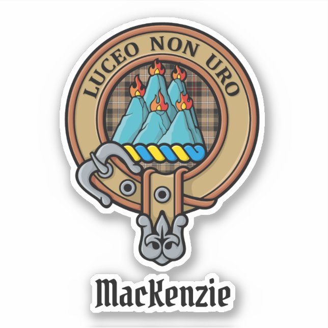 Adesivo Clan MacKenzie Crest sobre Brown caçando Tartan (Frente)