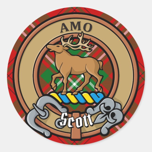 Adesivo Clan Scott Crest sobre Red Tartan (Frente)