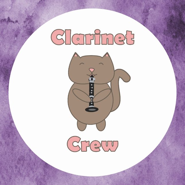 Adesivo Clarinet Crew, Rosa (A sticker that says Clarinet Crew in pink along with a brown cat playing the clarinet.)