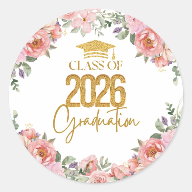 Adesivo Class of 2026, Pink Gold Floral Theme (Frente)