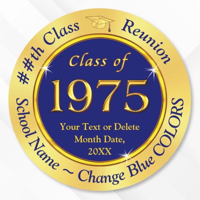 Adesivo Classe de 1975, Vinhetas de Reunião de Classe Pers (Class of 1975 Reunion Stickers for 50th class reunion favor stickers for goodie bags. Blue and Gold.)