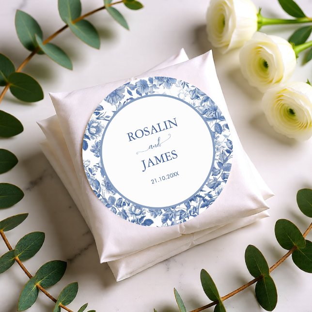 Adesivo Classic Blue Toile Botanical Wedding Seal Label (Classic Blue Toile Botanical Wedding Seal Label)