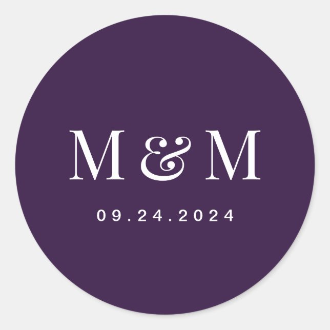 Adesivo Classic Dark Purple Monogram Typography Wedding (Frente)