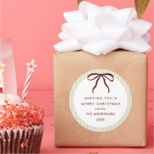 Classic Green Pink Stripes Red Bow Merry Christmas