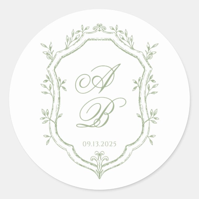 Adesivo Classic Sage Green Floral Monogram Crest Wedding (Frente)