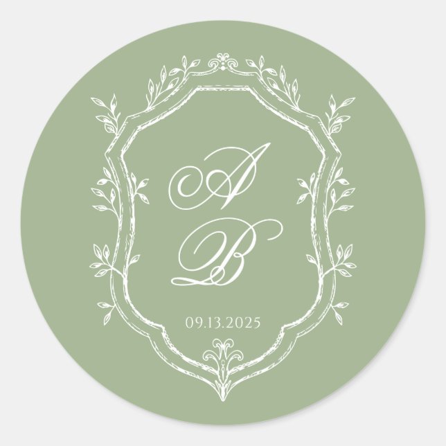 Adesivo Classic Sage Green & White Monogram Crest Wedding (Frente)