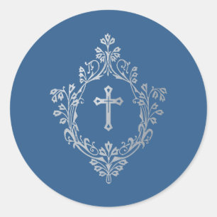 Adesivo Clássico Azul Religioso Cruz de Faux Prata no Bras