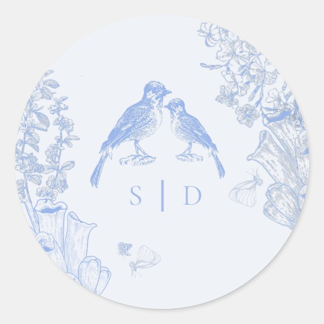 Adesivo Clássico Casamento de Pássaros Florais Branco Azul (Frente)