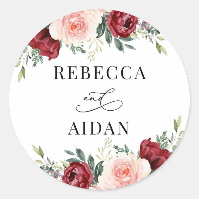 Adesivo Clássico de Casamento Personalizado Floral Blush F (Frente)