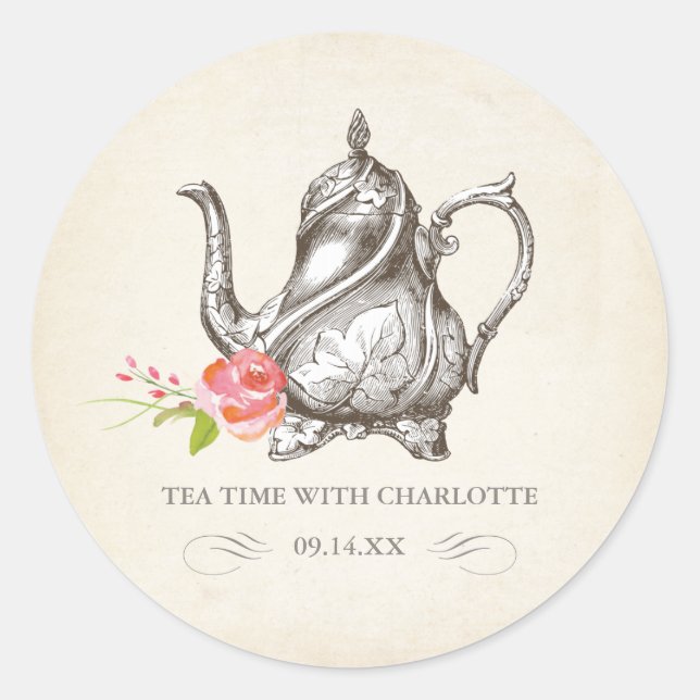 Adesivo Clássico Vintage Tea Party Sticker "Hora do Chá" (Frente)