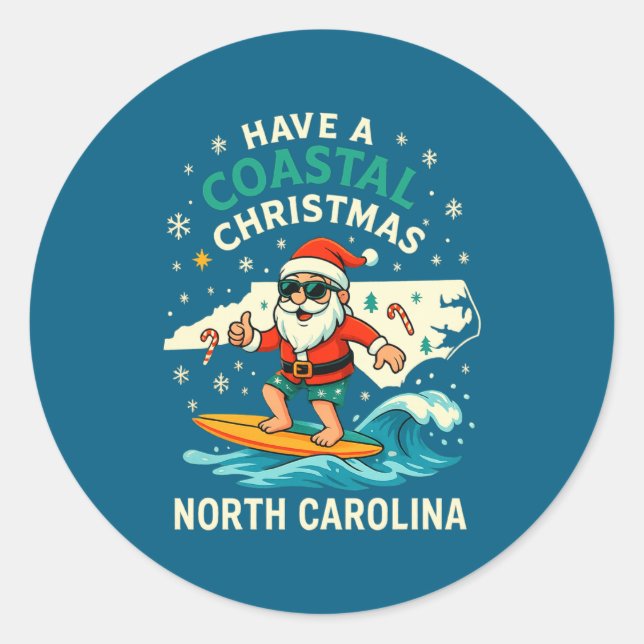 Adesivo Coastal Christmas Nc Shirt Santa Surfing Funny Wav (Frente)