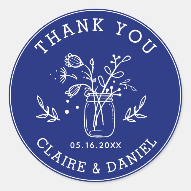 Adesivo Cobalt Blue Wedding Thank You Mason Jar Flowers  (Frente)