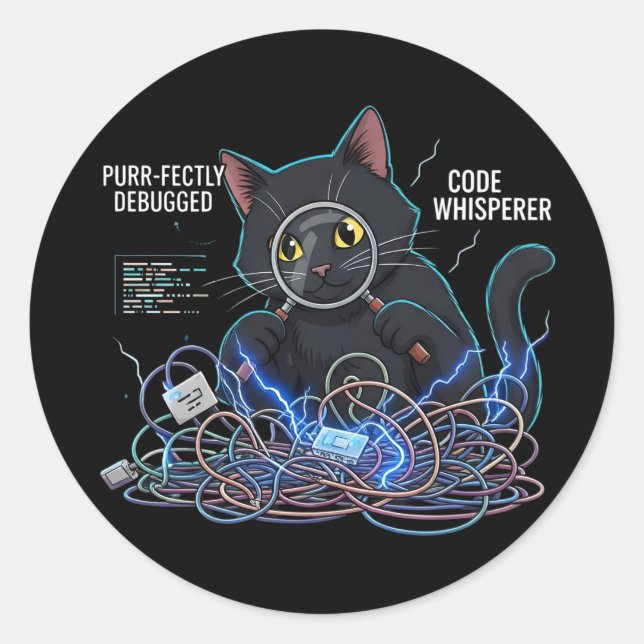 Adesivo Code Whisperer Developer Cat Round Black Stickers (Frente)