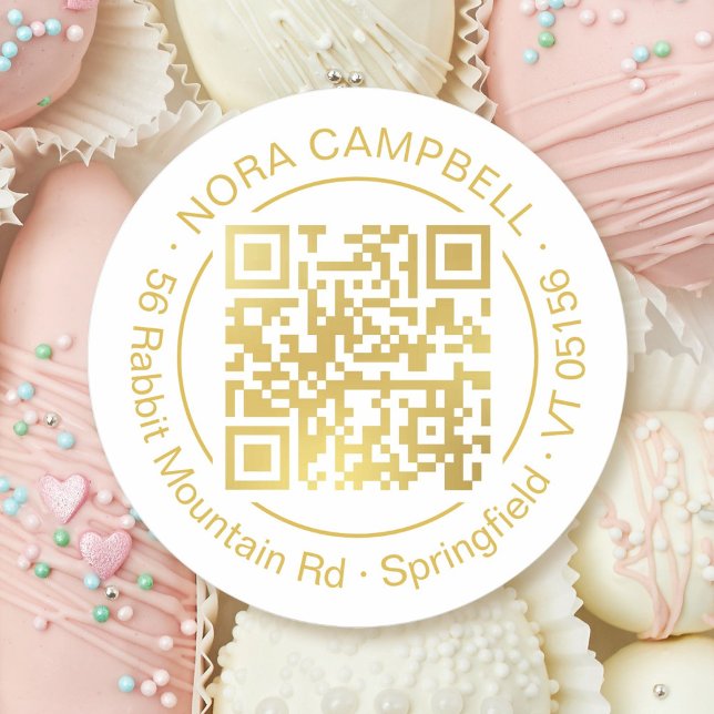 Adesivo Código QR Dourado de Negócio Nome Endereço Promoci (Modern, professional gold QR code, elegant circle frame and business name and address round sticker.)