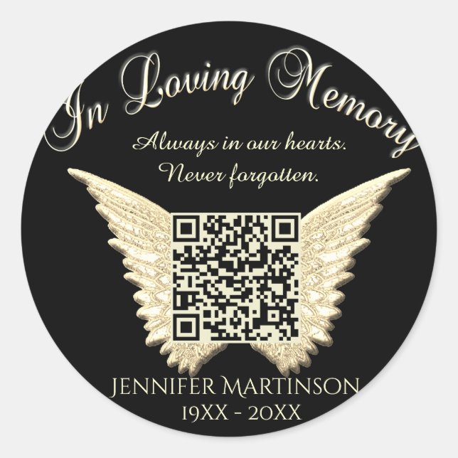 Adesivo Código QR para Websites Memoriais, Funerais, Obits (Frente)