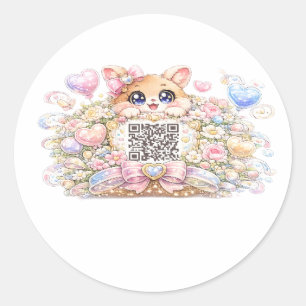 Adesivo Código QR Personalizado Kawaii Gatinho Floral Rosa