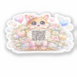 Adesivo Código QR Personalizado Kawaii Gatinho Floral Rosa