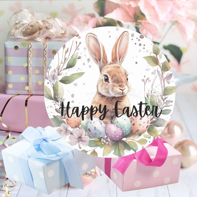 Adesivo Coelhinho Bonito do felz pascoa (Happy Easter Cute Bunny Classic Round Sticker Mockup 1)